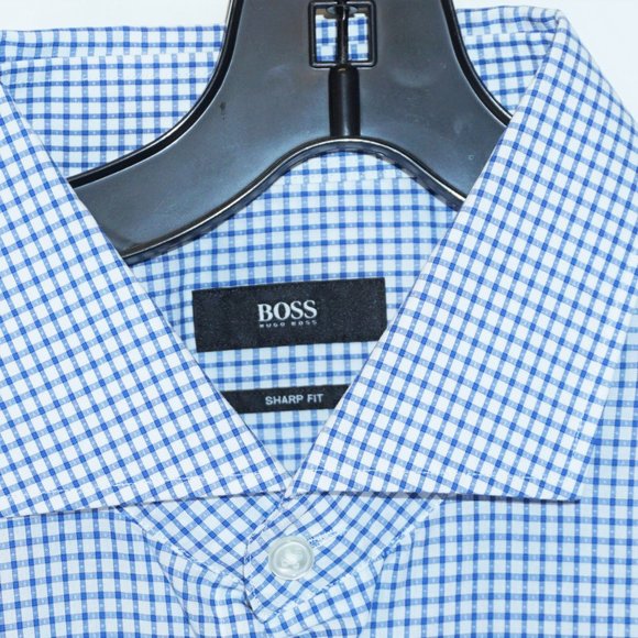 Hugo Boss Men's 'Mark' Blue Sharp Fit Gingham Textured Dress Shirt 15.5L, 34/35 - Picture 3 of 6